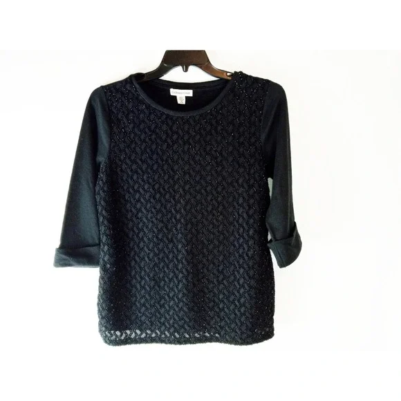 Coldwater Creek Womens Shirt M Black 3/4 Sleeve Pullover Sequin Blouse Top - Picture 4 of 12